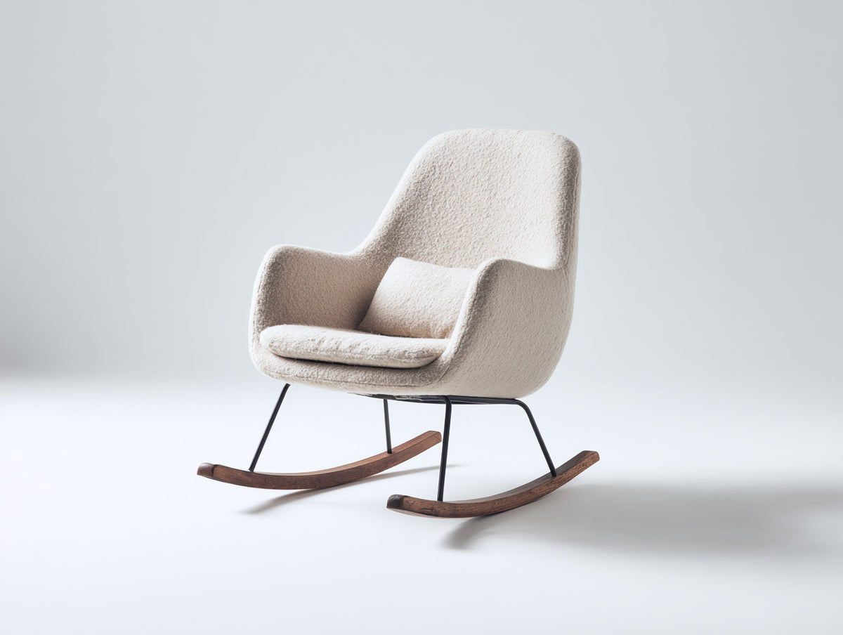 Fauteuil à bascule - tissu bouclette-métal-bois - 80x73x89 cm - beige-noir-noyer - style scandinave