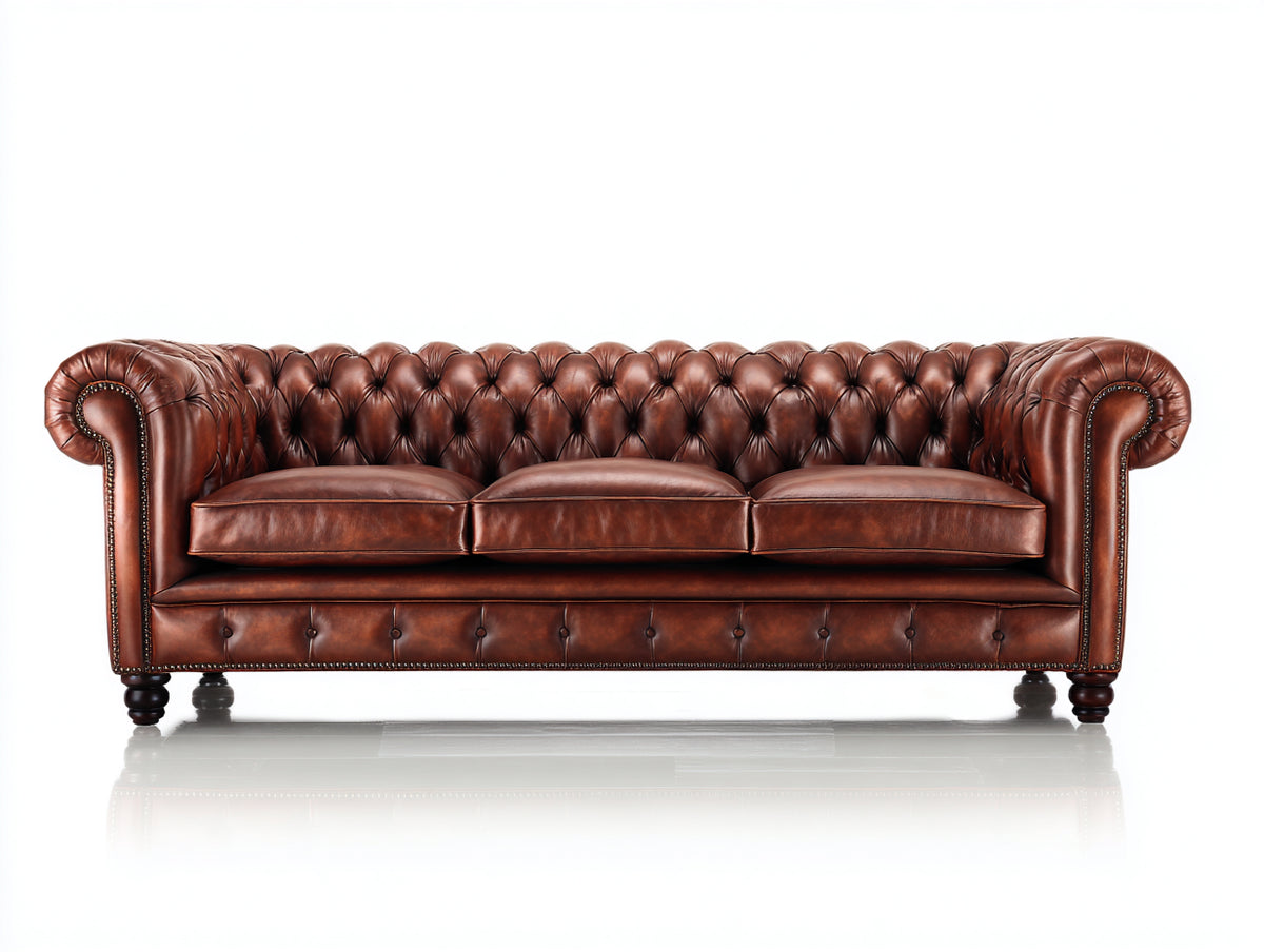 Canapé 3 places - Cuir - 225x95x78 cm - Brun cognac - Style Chesterfield