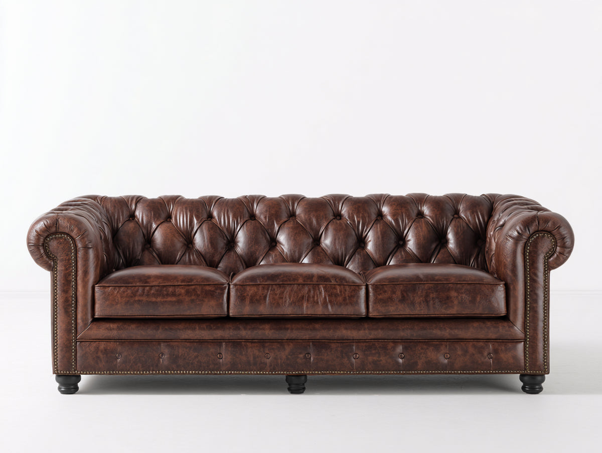 Canapé 3 places - Cuir - 224x94x78 cm - Brun vieilli - Style Chesterfield