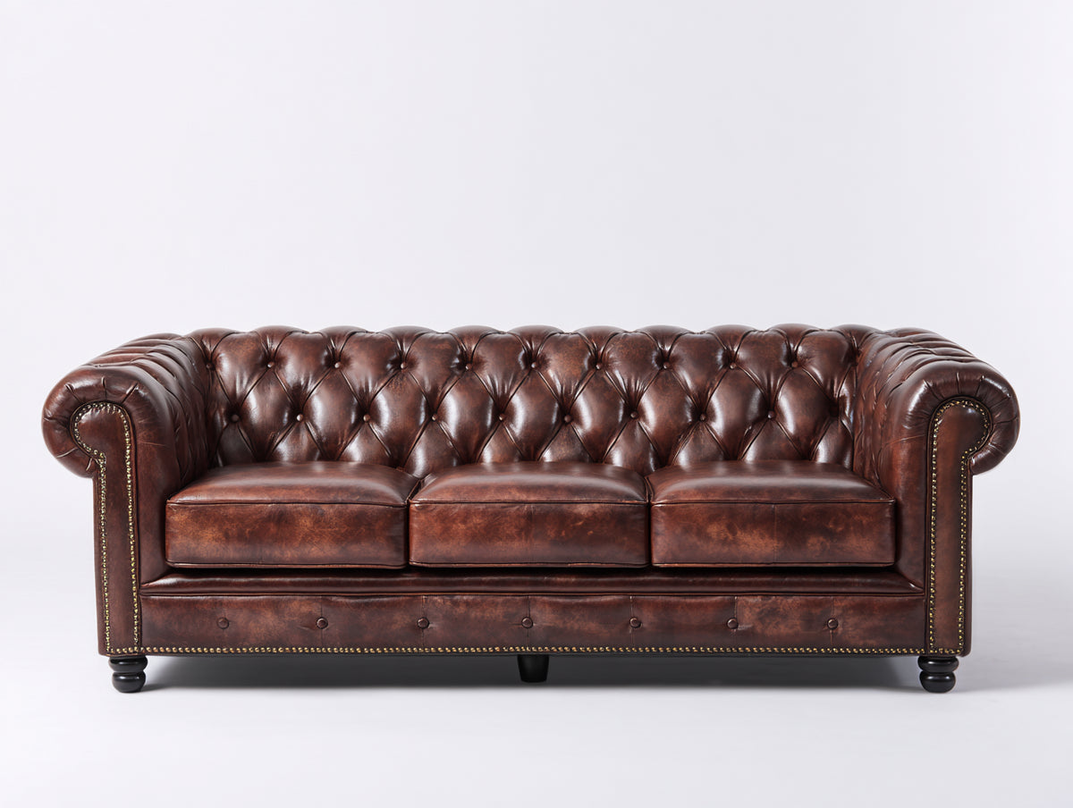 Canapé 3 places - similicuir - 224x94x79 cm - marron vieilli - style Chesterfield classique