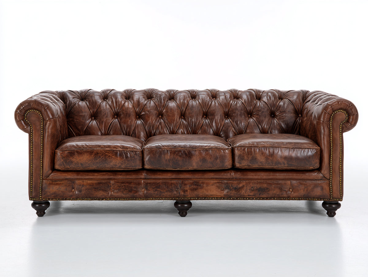 Canapé 3 places - Cuir - 228x96x79 cm - Brun vieilli - Style Chesterfield