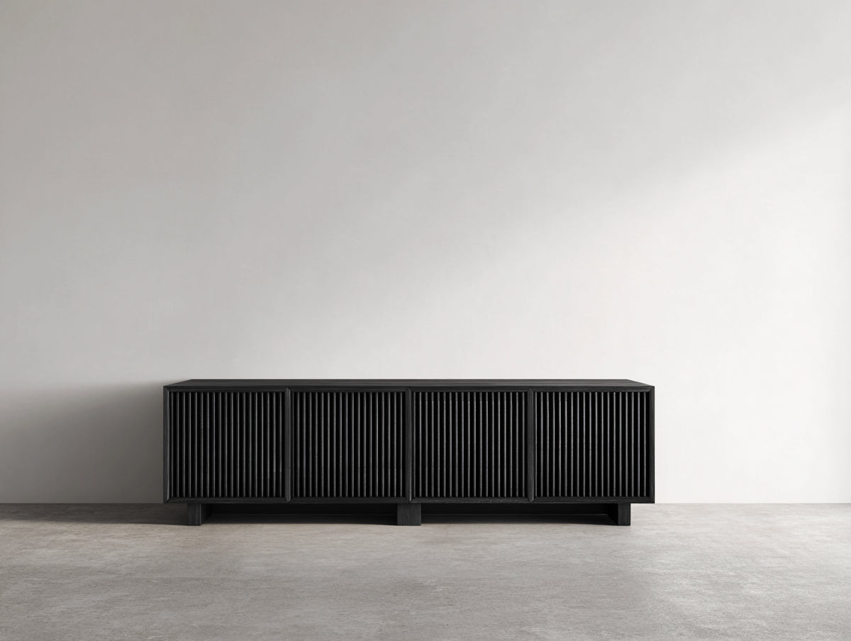 Meuble d'entrée - Bois - 170x42x72 cm - Noir - Style contemporain cannelé