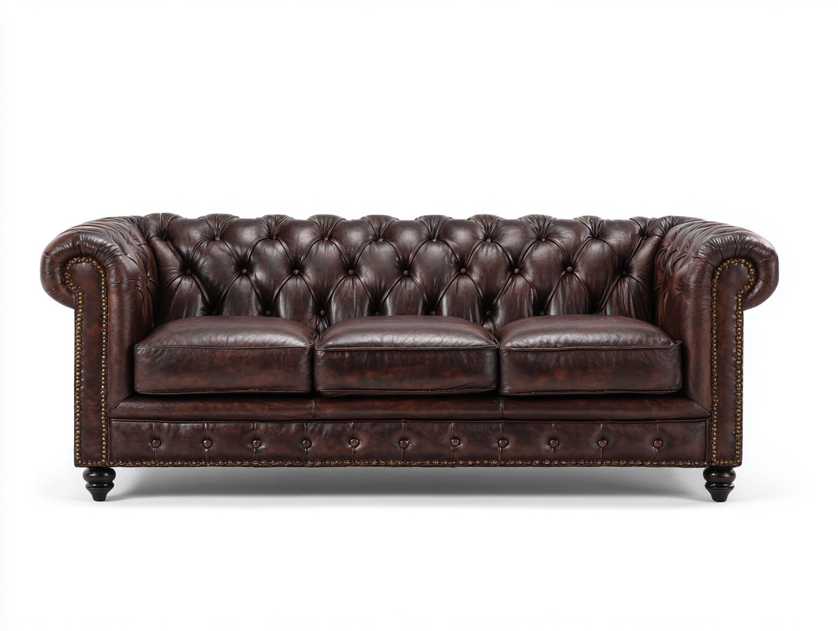Canapé 3 places - similicuir - 228x94x79 cm - marron - style Chesterfield vintage