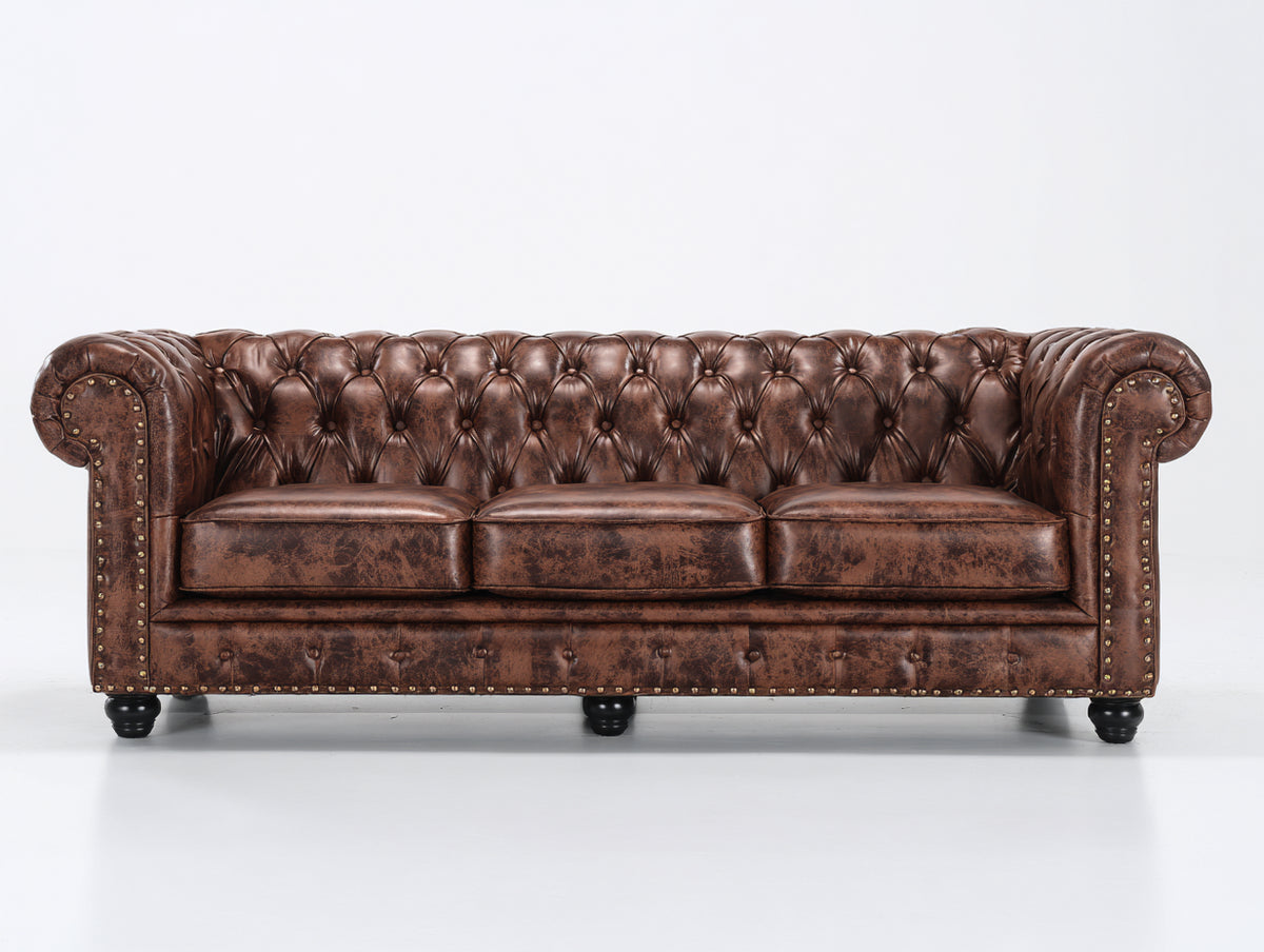 Canapé 3 places - similicuir - 230x95x78 cm - marron vieilli - style Chesterfield vintage